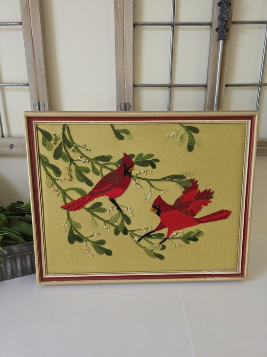 Other - Vintage Mid Century Modern Crewel Embroidery Cardinals Mistletoe Framed Wall Art